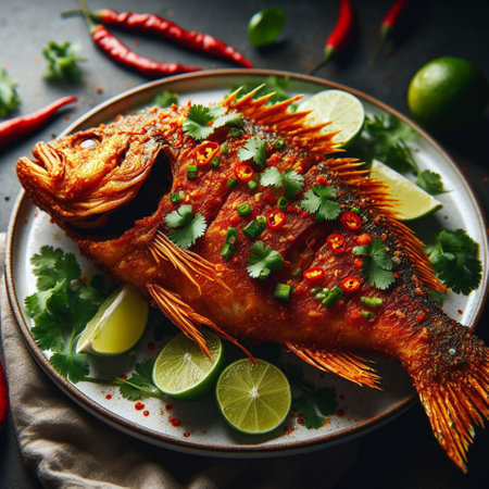 Fried tilapia fish with chili and lime on dark backgroundの素材