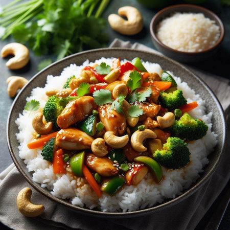 Rice with chicken, cashew nuts and vegetables. Asian foodの素材