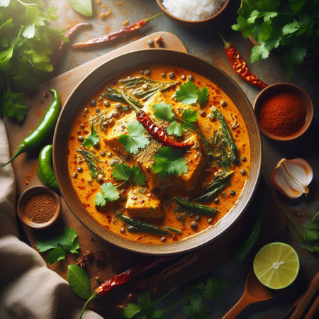 Green curry with coconut milk and chilli on rustic background.の素材