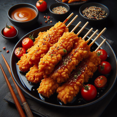 Deep-fried pork satay with sesame seeds on black plateの素材