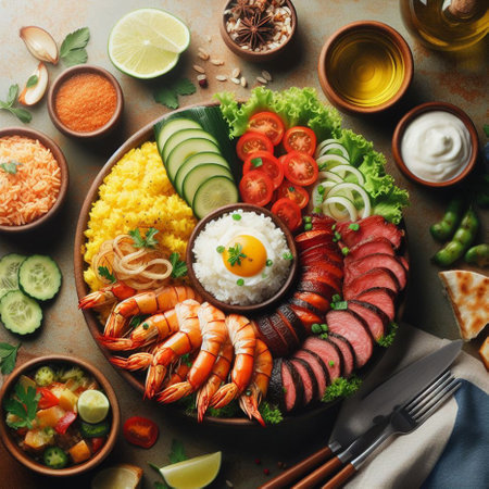Healthy food concept. Assortment of healthy food with rice, shrimp, vegetables and eggs.の素材
