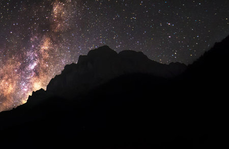 Milky Way Galaxy and Stars with silhouette of mountain at night.