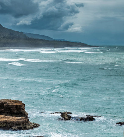Beautiful seascape with stormy sky and stormy seaの写真素材