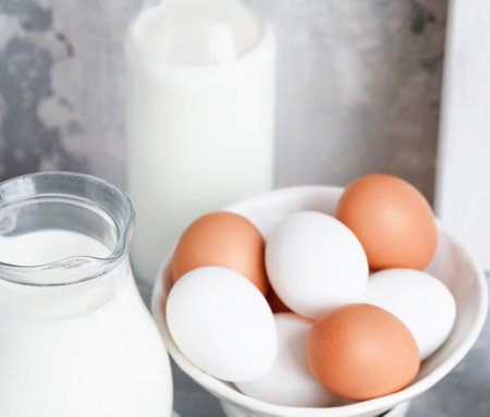 Eggs and milk in a white bowl on a gray backgroundの写真素材