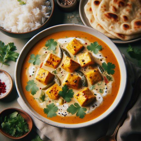 Indian cuisine. Traditional indian curry with paneer butter and spices.の素材