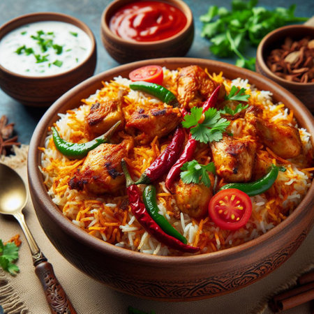 Chicken tikka masala or chicken tikka masala with basmati rice and yoghurtの素材