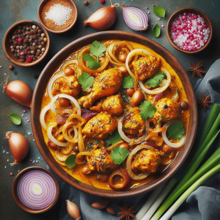 Chicken tikka masala or chicken tikka masala or chicken tikka with onion and spices in bowl over old texture background. Indian food. Top viewの素材