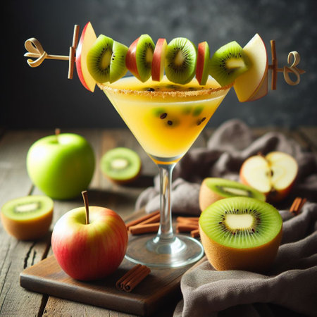 Fruit cocktail with kiwi, apple and cinnamon on dark backgroundの素材