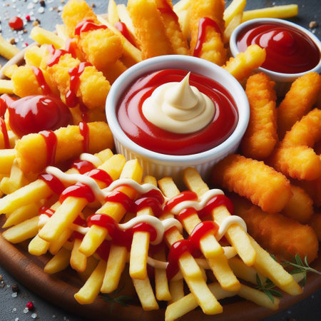 French fries with ketchup and mayonnaise on a dark backgroundの素材