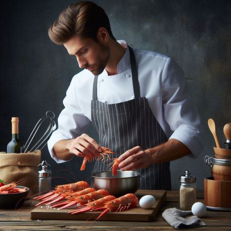 Male chef cooking shrimp on a wooden table over grey wall background.の素材