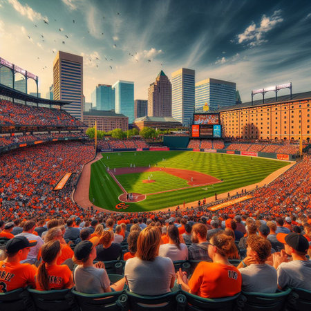 Baseball stadium with crowd of fans, Chicago, Illinois, USAの素材