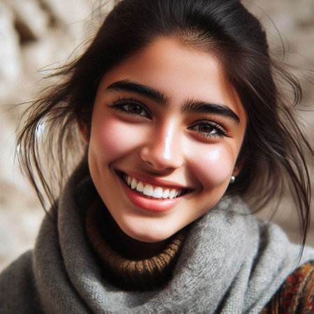young pretty indian woman in scarf and sweater smiling happy close up, lifestyle people conceptの素材