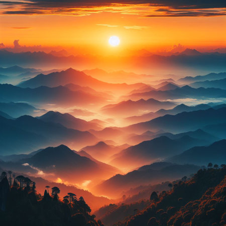 Beautiful sunrise over the misty mountain range. Landscape.の素材