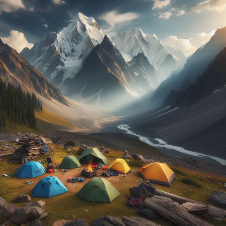 Camping in the mountains against the backdrop of the mountain peaks.の素材