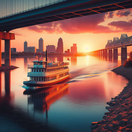 Cityscape with river and bridge at sunset, 3d render.の素材