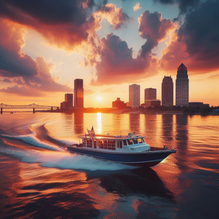 Sunset on the river with a boat and skyscrapers.の素材