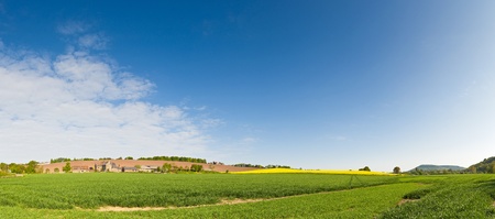 Clear blue summer sky over gently rolling patchwork farmland with pretty wooded boundaries, in the beautiful surroundings of the Cotswolds, England, UK の写真素材