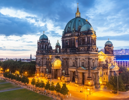 The mighty Berlin cathedral and Altes Museum  1823  illuminated at night in central Berlin, Germany  Stitched panoramic image, detailed when viewed large のeditorial素材
