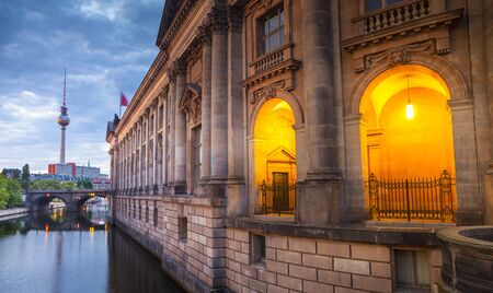 Pretty night time illuminations of the Bode Museum (1904) which is part of the complex of museums that make up 'Museum Island' in Berlin, Germany.のeditorial素材