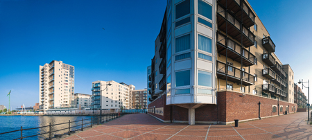 Contemporary housing development along the popular Cardiff Bay in Wales.の写真素材