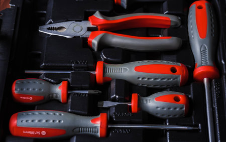 set of hand various work tools on grey background top view including different kinds of wrenches, pliers, clamps, calipers and otherの写真素材