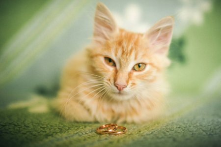 Funny elegant pretty red short-haired cat with luxury wedding rings on headの写真素材