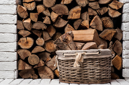 Log holder tray full of logs. Fireside storage.
