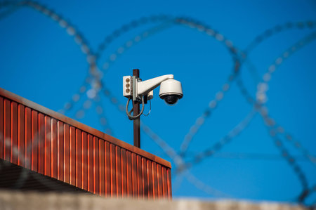 Close up view of security camera hanging among barbwire in prison or other guarded object with blue...
