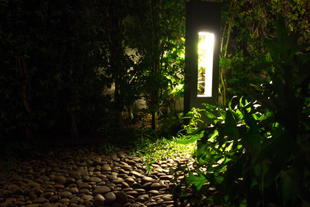 Soft dim lighting coming from an outdoor tower of light where leaves and jungle greenery is softly illuminated against warm natural rocks for a peaceful evening setting.  Copyspace room.の写真素材