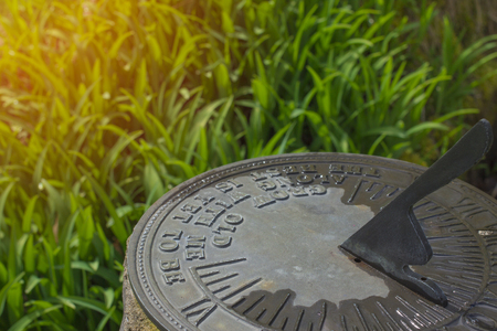 Sundial in spring flowers natural concept with wet morning grass and time passing by.  Copy space.  Sun dial in bottom corner.の写真素材