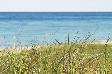 Aqua blur waters in warm summer michigan with dune grass and path leading to the water.  Alone and peaceful quiet waves lapping on shore.  Copyspace.の写真素材