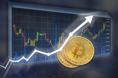 Bitcoin with value increase white arrow and candlestick charts. Copyspace for text.の写真素材