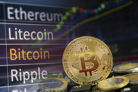 Bitcoin exchange concept.  Currency and financial market values.  Copyspace for text.の写真素材