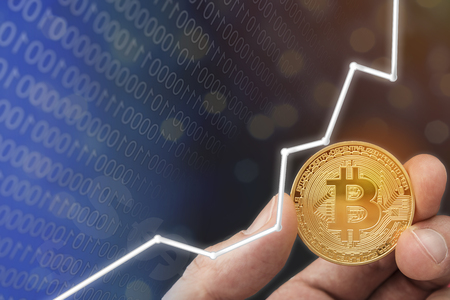 Bitcoin digital circuit electronic concept.  Rising currency values and upswing increased profits for financial concept.の写真素材