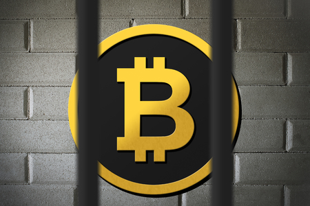 Bitcoin currency buying and selling banned in some countries.  Restrictions and government control over BTC usage.  Laws and legal concept.の写真素材