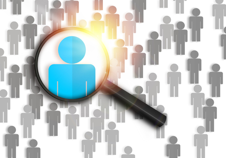 Searching for the best job candidate and people finder concept looking for the right person to stand out from the crowd.  Top pick and best choice for fitting the skillset that HR is looking for.の写真素材