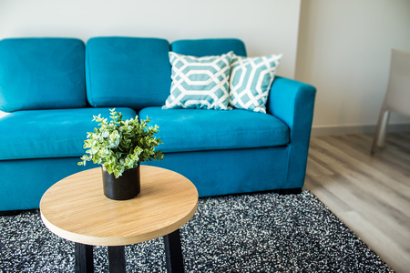 Living room home design for contemporary layout and blue couch with good balance for relaxation and living well.の写真素材