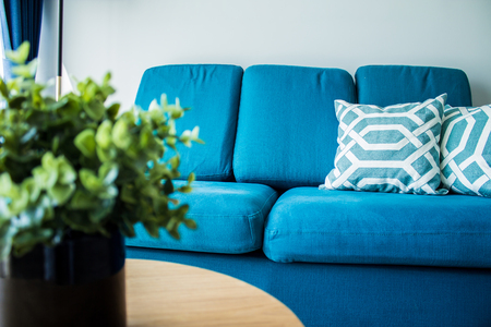 Living room home design for contemporary layout and blue couch with good balance for relaxation and living well.の写真素材