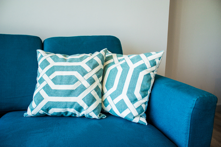 Living room home design for contemporary layout and blue couch with good balance for relaxation and living well.の写真素材