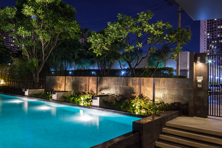 Lighting business for luxury backyard swimming pool.  Relaxed lifestyle with contemporary design by professionals.の写真素材