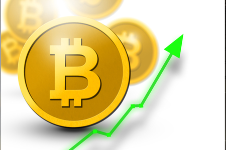 Bitcoin with rising arrow for increased values and profits for financial and business gain.  Physical golden bitcoin.  Learn how to invest on crypto exchange.の写真素材