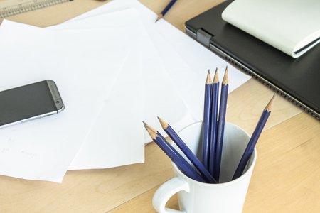 Empty home office desk with space for working.  Clean and comfortable workspace for entrepreneur.の写真素材