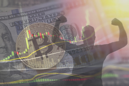 Bitcoin currency above fiat USD.  Virtual trading power.の写真素材