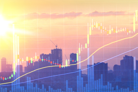 City view with increasing investment profits for financial winnings concept.  Signs and symbol of monetary gain.の写真素材