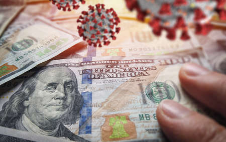 Corona stock market affect and crash.  Cash money viral infection threat from covid-19 coronavirus. ...