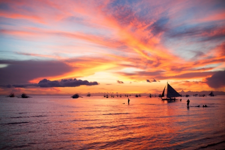 Sailing to the sunset in Boracay island on Philippinesの写真素材