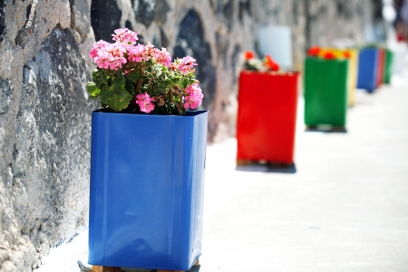 in the foreground of the traditional blue flowerpot on the island of Santorini in Greeceの写真素材