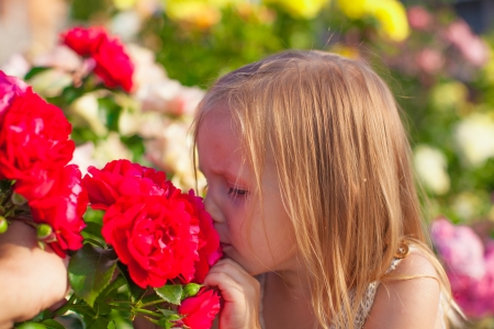 Little girl smelling colorful flowers at summer dayの写真素材