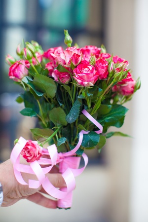 Charming bouquet of roses in woman's handの写真素材