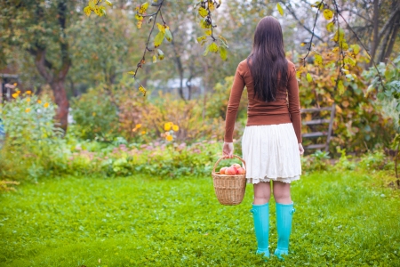 Rear view of Young woman in rubber boots holding the straw basket with red apples at autumn timeの写真素材